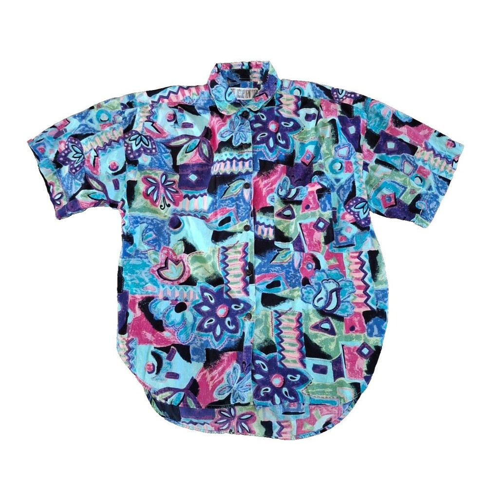 Hot Gossip New York Vintage 90s Blue Floral Short Sleeve Shirt Button Up Medium